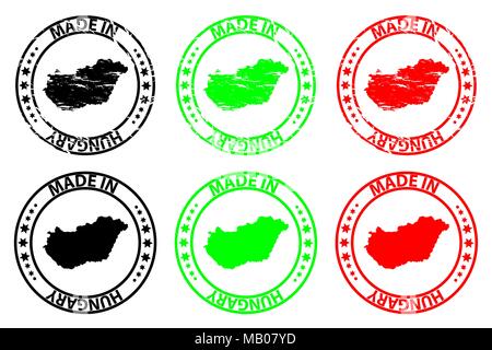 In Ungarn hergestellt - Stempel - Vektor, Ungarn Karte Muster - Schwarz, Grün und Rot Stock Vektor