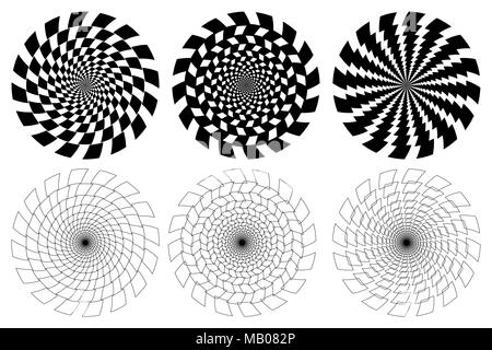 Schwarze und weiße Spirale der Rechtecke radial von der Mitte, optische Illusion - Schachbrett Swirl, Stock Vektor