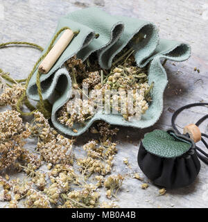 Schafgarbe im Medizinbeutel aus Leder, Lederbeutel, Beutel, Schafgarbe, Gewöhnliche Wiesen-Schafgarbe, Schafgabe, Achillea millefolium, Schafgarbe, Gemeinsame Stockfoto