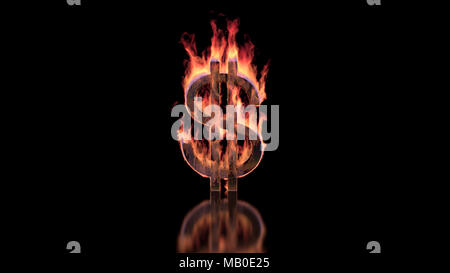 Dollarzeichen brennen in Flammen auf der glänzenden Oberfläche, finanziellen Hintergrund Stockfoto