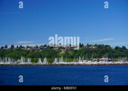 Seattle, Washington: Marina gefüllt mit Segelbooten auf dem tiefblauen Wasser der Elliott Bay. Stockfoto