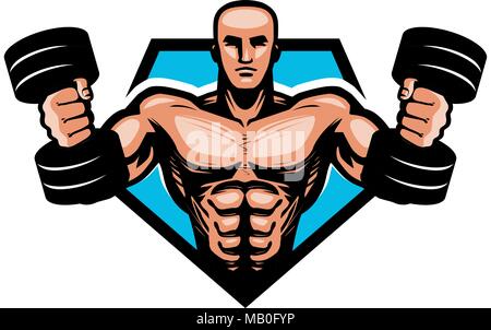 Fitness, Bodybuilding, Sport Logo oder Label. Muskulöse Bodybuilder mit Hanteln in den Händen. Vector Illustration Stock Vektor