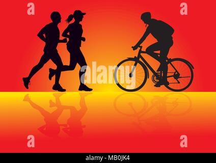 Silhouette von einem Radfahrer und laufen Menschen Männer und Frau joggen auf farbigen Hintergrund Vector Illustration Stock Vektor