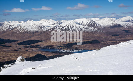 Auf Loch Tulla vom Gipfel des Beinn Dorain in den schottischen Highlands mit dem Schnee Blackmount und Ben Nevis im Hintergrund begrenzt Stockfoto