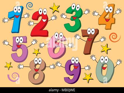 Cartoon Ziffern 0 bis 9 Icons als menschliche Figuren mit großen Augen und Händen gemacht. Hand gezeichnet isolierte Gruppe Illustrationen für Kinder Stock Vektor