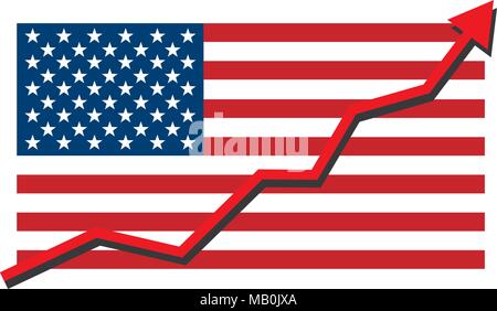 American USA-Flagge mit rotem Pfeil Diagramm oben zeigt starke Wirtschaft und Aktien steigen. Gewinn und Erfolg. Isolierte Vector Illustration. Stock Vektor