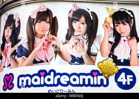 Japan, Hoshu, Tokio, Akihabara, Maid Cafe Reklametafeln Stockfoto