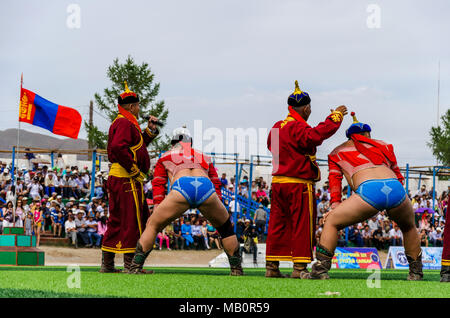 Wrestiling Wettbewerb, NAADAM Festival, Murun, Mongolei Stockfoto