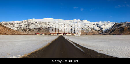 Bauernhäuser, Berge, Europa, Eyjafjallajökull, Gestastofa, Gletscher, Häuser, Insel, Landschaften, Schnee, Straße, Vulkan, Vulkan Insel, winter Stockfoto