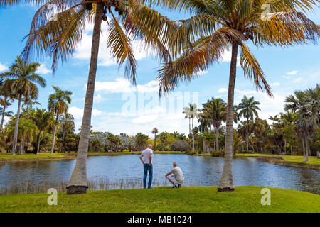 Zwei Männer auf der Suche in den Teich in Fairchild Tropical Botanic Garden, Miami, Florida, USA Stockfoto