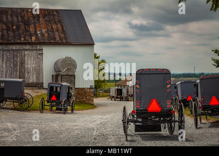 New Holland, PA, USA - Juni 17, 2012: Amish Buggies sind auf einem Bauernhof für Gottesdienste in Lancaster County, PA geparkt. Stockfoto