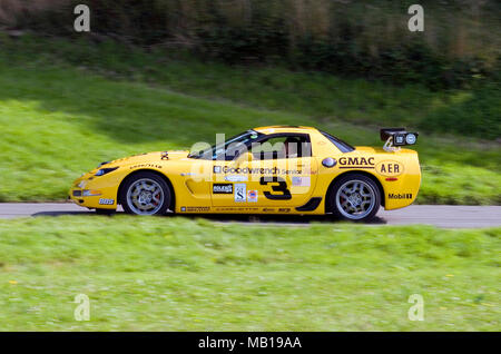 Gelbe Chevrolet Corvette Racing Car im Profil (Seitenansicht) und schnelle Fahrt. Stockfoto