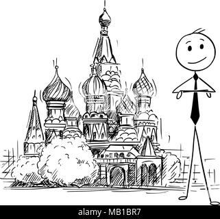 Cartoon von Geschäftsmann stand vor der Basilius-kathedrale, Moskau, Russland Stock Vektor