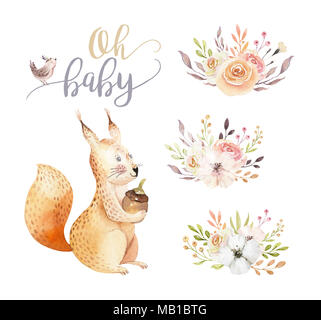 Cute Aquarell böhmischen baby Eichhörnchen Tier Poster für nursary, Alphabet woodland isoliert Wald Dekoration Abbildung. Baby Tiere Dusche invit Stockfoto