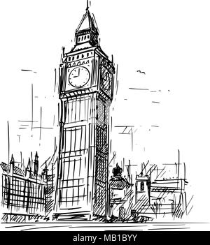 Cartoon Skizze des Big Ben Clock Tower in London, England, Vereinigtes Königreich Stock Vektor