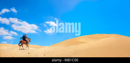 Panoramablick auf die Landschaft mit Reiter auf dem Pferd in der Wüste Sahara. Safari Tourismus, Tunesien Stockfoto