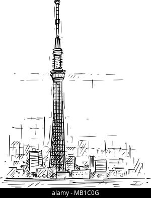 Cartoon Skizze von Tokyo Tower Skytree, Japan Stock Vektor