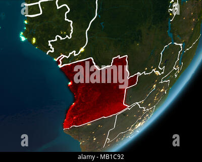 Angola als aus der Umlaufbahn der Erde auf dem Planeten Erde bei Nacht in Rot mit sichtbaren Grenzen und die Lichter der Stadt hervorgehoben. 3D-Darstellung. Elemente dieser Stockfoto