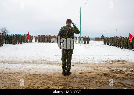 Die rumänische Armee begrüßt NATO-Verbündeten während der Eröffnungsfeier der Übung Platinum Eagle 17,2 am Babadag, Rumänien, 24.02.12. Schwarzes Meer die Drehkraft Teilnahme an Platinum Eagle ermöglicht die Schulung mit mehreren Partner Nationen und ist entscheidend im Umgang mit regionalen Fragen und Wahrung des Friedens in der Region Osteuropa. Stockfoto