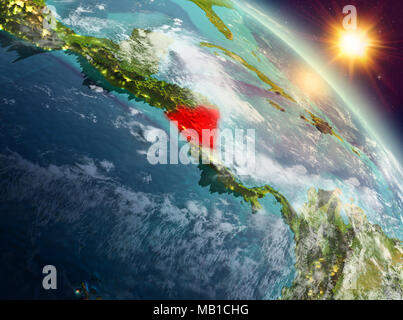 Sonnenaufgang über Nicaragua in Rot hervorgehoben auf dem Modell des Planeten Erde im Weltraum. 3D-Darstellung. Elemente dieses Bild von der NASA eingerichtet. Stockfoto