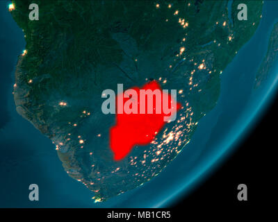 Nachtansicht von Botswana in rot markiert auf dem Planeten Erde mit Atmosphäre. 3D-Darstellung. Elemente dieses Bild von der NASA eingerichtet. Stockfoto