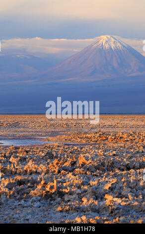 Chaxa Lagune bei Sonnenuntergang, Atacama, Chile. Schnelle Verdampfung von Sole schafft Salzformationen, die von der Sonne beleuchtet werden. Stockfoto