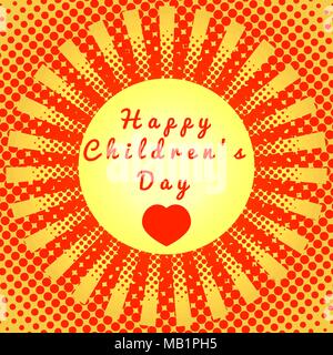 Happy Tag der Kinder. Das Konzept der Veranstaltung. Pop Art Stil. Die roten und gelben Hintergrund. Helle Sonne in der Mitte Stock Vektor