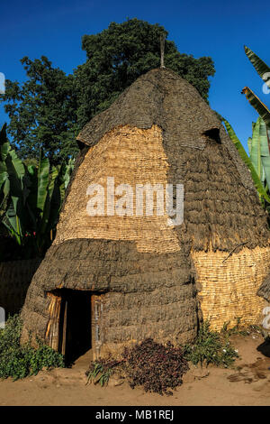 Architektonische Stil ist in der afrikanische Hütte der Dorze ethnische Gruppe in die chencha Dorf im Guge Berge in Chencha, Äthiopien zeigte. Stockfoto