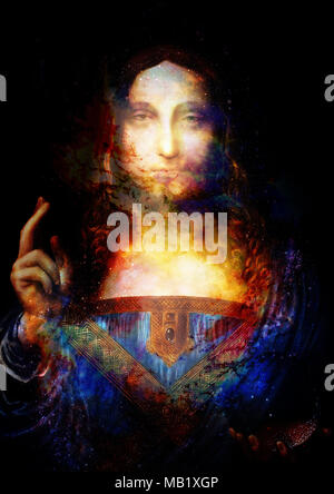 Der Erlöser der Welt ist. Salvador mundi. Meine eigene Reproduktion von Leonardo DaVinci Malerei. Den kosmischen Raum collage Stockfoto