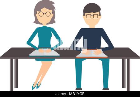 Avatar Menschen am Schreibtisch über weißen Hintergrund sitzen, farbenfrohen Design. Vector Illustration Stock Vektor