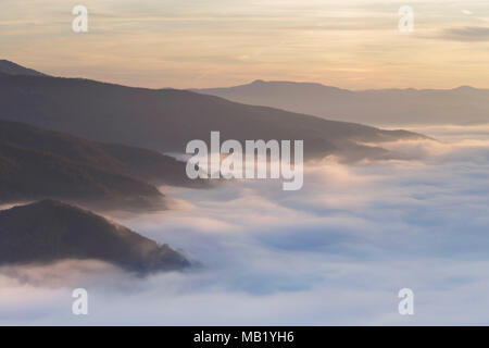 Blick über die Wolken sich tief im Tal durch die temperaturinversion, Fluss Drina, Tara Nationalpark, Serbien, Oktober Stockfoto