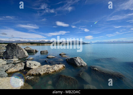 Pristine Lake Pukaki, mit Blick auf Mount Cook, Südinsel, Neuseeland Stockfoto