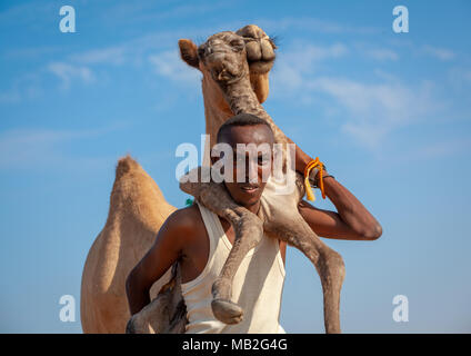 Ein somalischer Mann hält ein Neugeborenes Baby Camel auf seinem Rücken, Region Awdal Lughaya, Somaliland Stockfoto