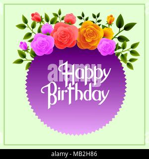 Rahmen mit Blumenmuster auf blauem Hintergrund mit Blumenstrauß von stilisierten Rosen und eine zentrale kreisförmige Label mit einem dedicatory Nachricht Stock Vektor