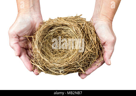 Horizontale Nahaufnahme von einem leeren Bird's Nest in den Händen einer Frau gehalten wird. Weißer Hintergrund. Stockfoto
