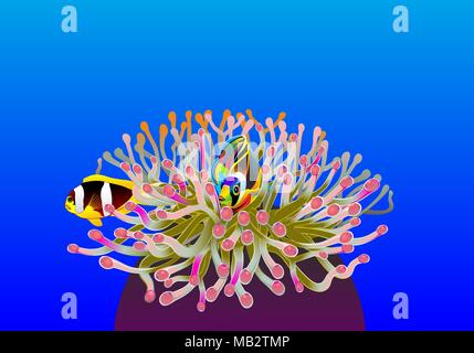 Cartoon Fische leben im Korallenriff im blauen Meer. natürliche tropische Vector Illustration. Stockfoto