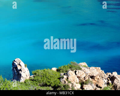 Schöner Strand mit türkisblauem Wasser und Pinien. Panoramablick über Cala San Vicente, Ibiza. Stockfoto