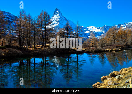 See Grindjesee im Herbst, mit Blick auf die schneebedeckte Matterhorn, Zermatt, Wallis, Schweiz Stockfoto