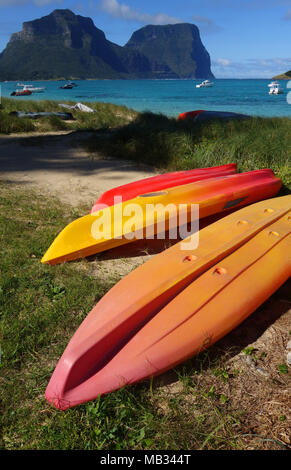 Kajaks auf Lagoon Beach auf Lord Howe Island, New South Wales, Australien. Keine PR Stockfoto