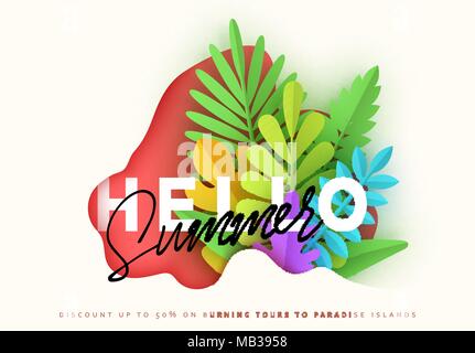 Sommer Card Design, helle Abbildung mit Blättern in verschiedenen Farben. Vektor paper Art Stock Vektor