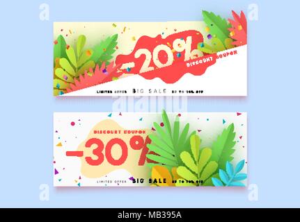 Horizontale Verkauf banner Grenze. Gutschein Karten, Header website. Vektor design Papier Art. Preis angebot Plakate, Flyer Broschüre. Design von tropischen Blättern von verschiedenen Farben in der Art Paper Art Stock Vektor