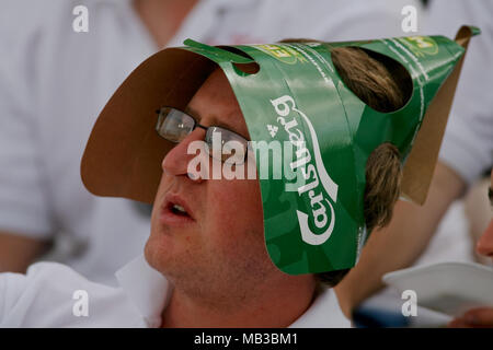 Ein Mann mit einem Carlsberg größere Karton Bier Träger in einen Hut zu tragen an der Cricket als Sonnenschutz. Stockfoto