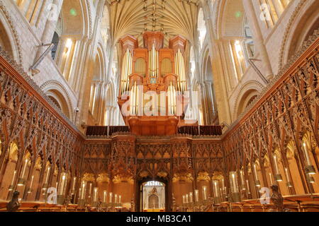 NORWICH, UK - 31. MÄRZ 2018: Der Chor, die Kathedrale von innen mit Gewölben, Säulen und Schnitzereien Stockfoto