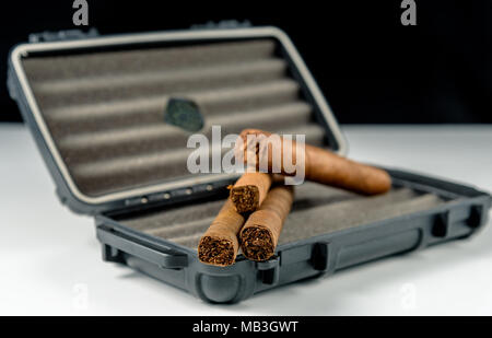 Zigarren auf einem schwarzen travel Humidor. Reich riechen und Texturen der Tabakblätter Stockfoto