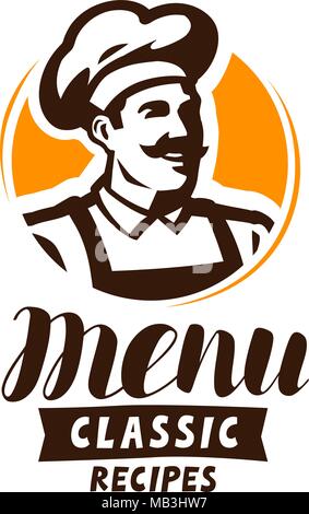 Menü im Restaurant Logo oder Label. Essen Konzept. Vector Illustration Stock Vektor