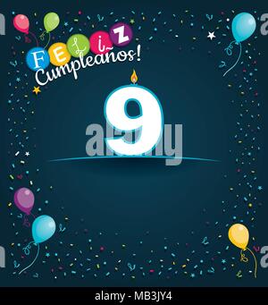Happy Birthday 9 in Spanischer Sprache - Grußkarte mit weißen Kerzen in der Form der Zahl mit Hintergrund von Ballons und Konfetti Stock Vektor
