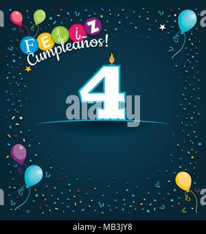 Happy Birthday 4 in Spanischer Sprache - Grußkarte mit weißen Kerzen in der Form der Zahl mit Hintergrund von Ballons und Konfetti Stock Vektor