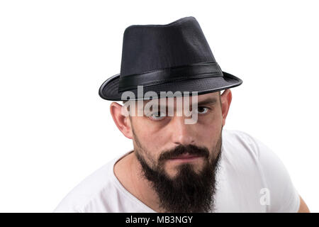 Schwere bärtigen Mann in hat an der Kamera auf weißem Hintergrund. Mit kopieren. Stockfoto