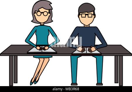 Avatar Menschen am Schreibtisch über weißen Hintergrund sitzen, farbenfrohen Design. Vector Illustration Stock Vektor