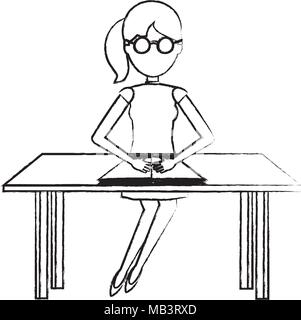 Skizze des Avatars Frau Studium und Sitzen am Schreibtisch über weißer Hintergrund, Vektor, Abbildung Stock Vektor